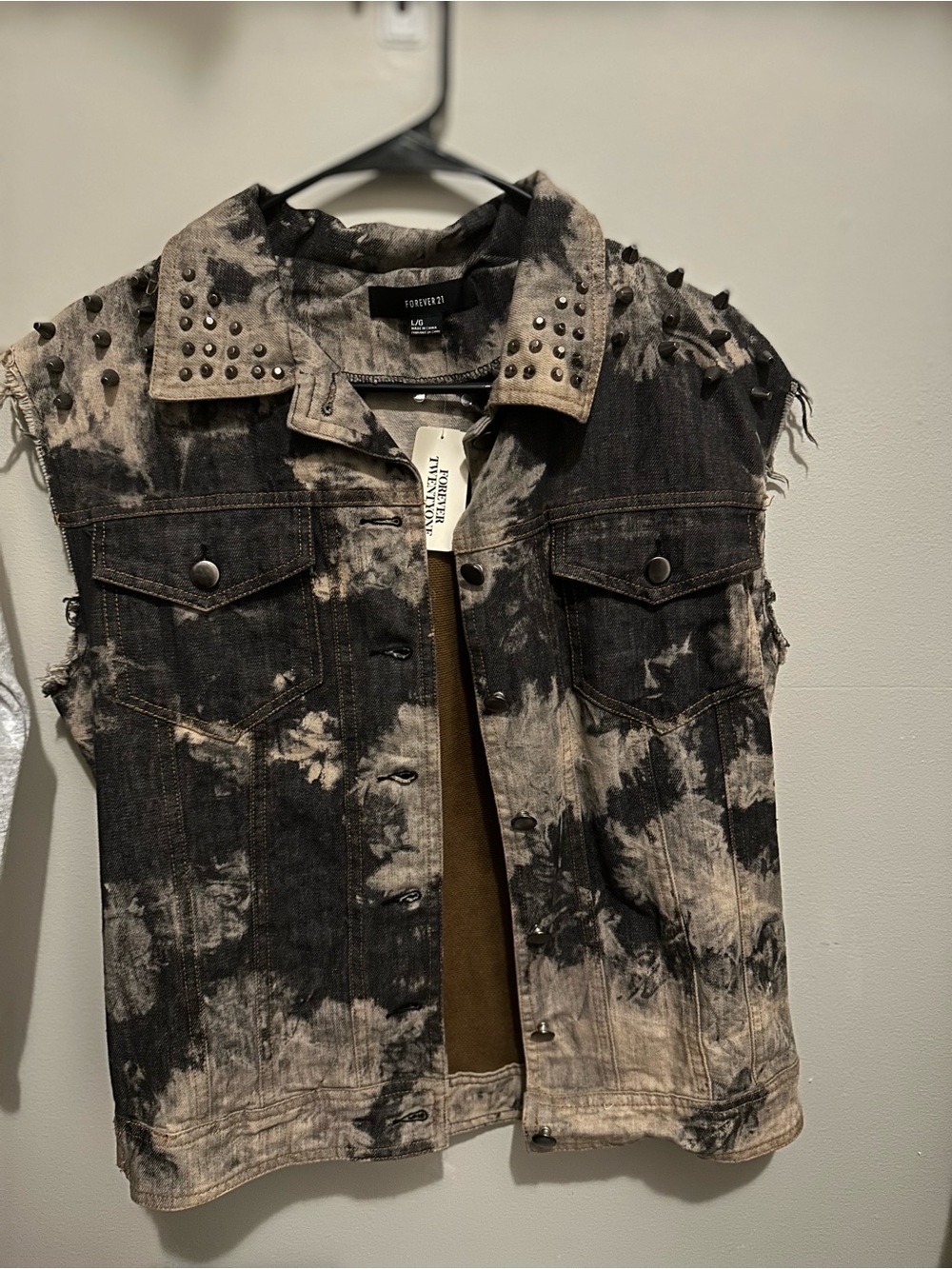 Forever 21 Black and Cream Tie-Dye Studded Denim Vest